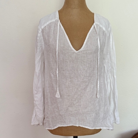Anthropologie Tops - Anthropologie sz S 100% linen white Maeve Blouse v neck ties pleats great cond